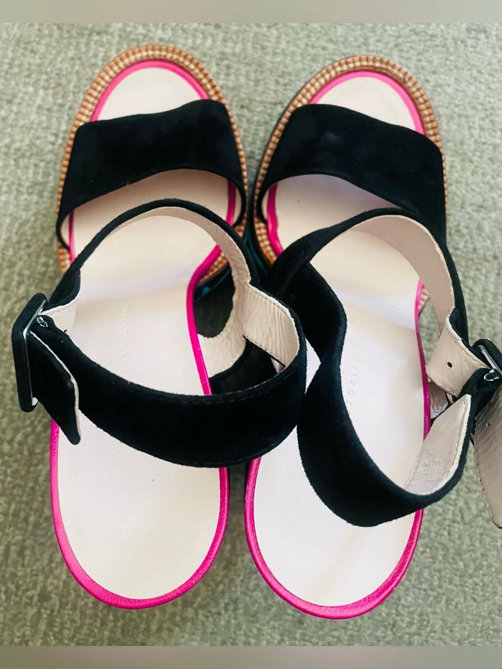 VICTORIA BECKHAM Green & Black Velvet Platform Sandals With Pink Accent